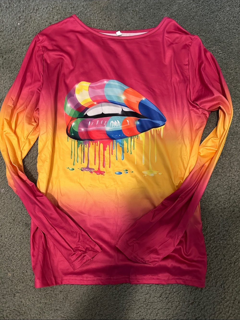 2 PIECE🔥Pink & Yellow Ombre Track Pants Jogger Set with Colorful Lip Print - Picture 2 of 3